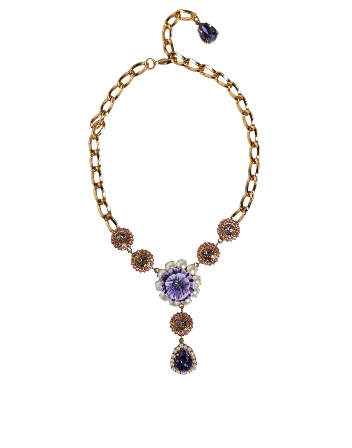 Dolce & Gabbana Gold Brass Crystal Purple Pink Pearl Pendants Necklace