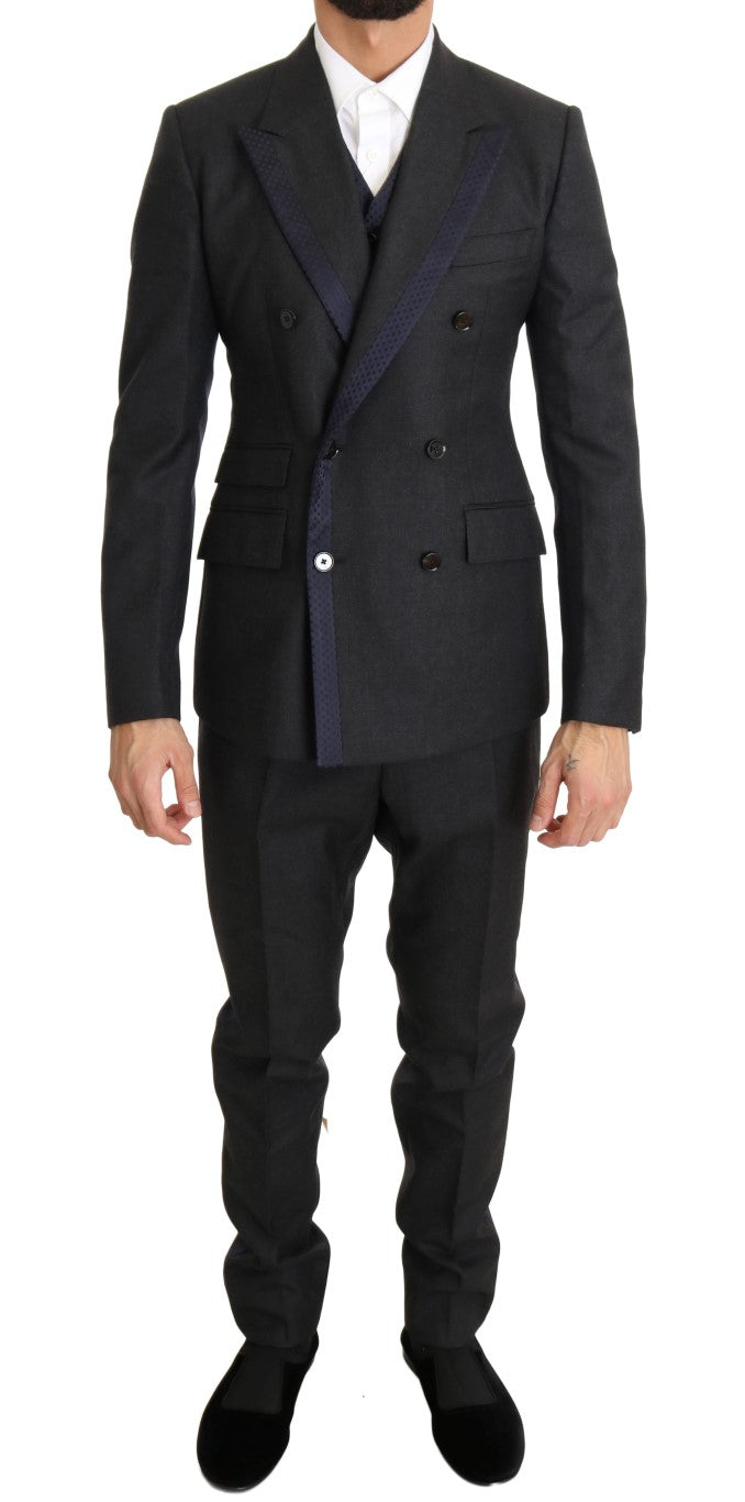 Dolce & Gabbana Gray Wool Blue Silk Double Breasted Suit