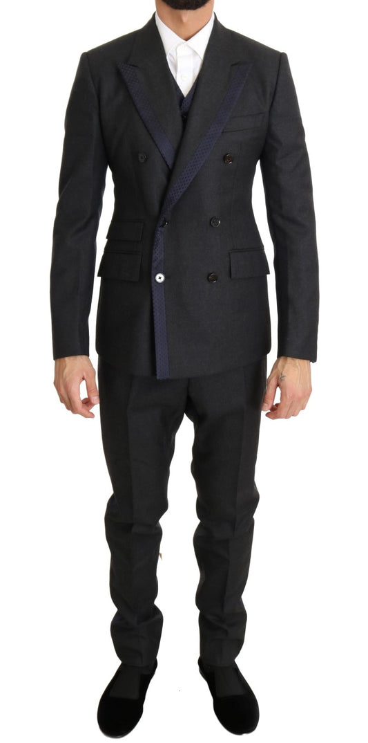 Dolce & Gabbana Gray Wool Blue Silk Double Breasted Suit