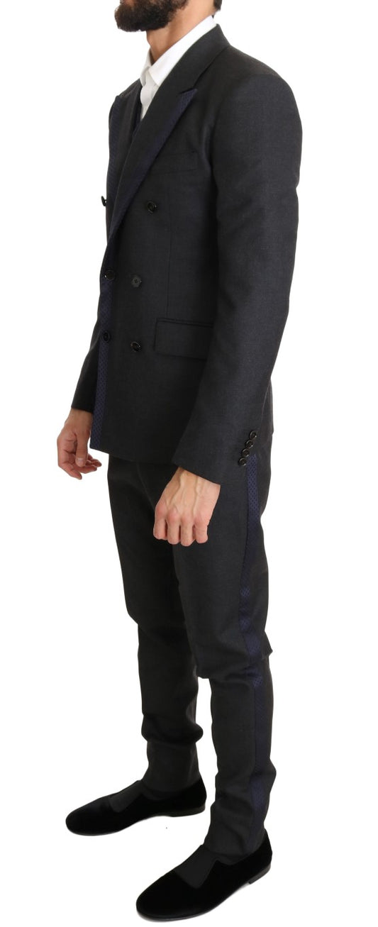 Dolce & Gabbana Gray Wool Blue Silk Double Breasted Suit