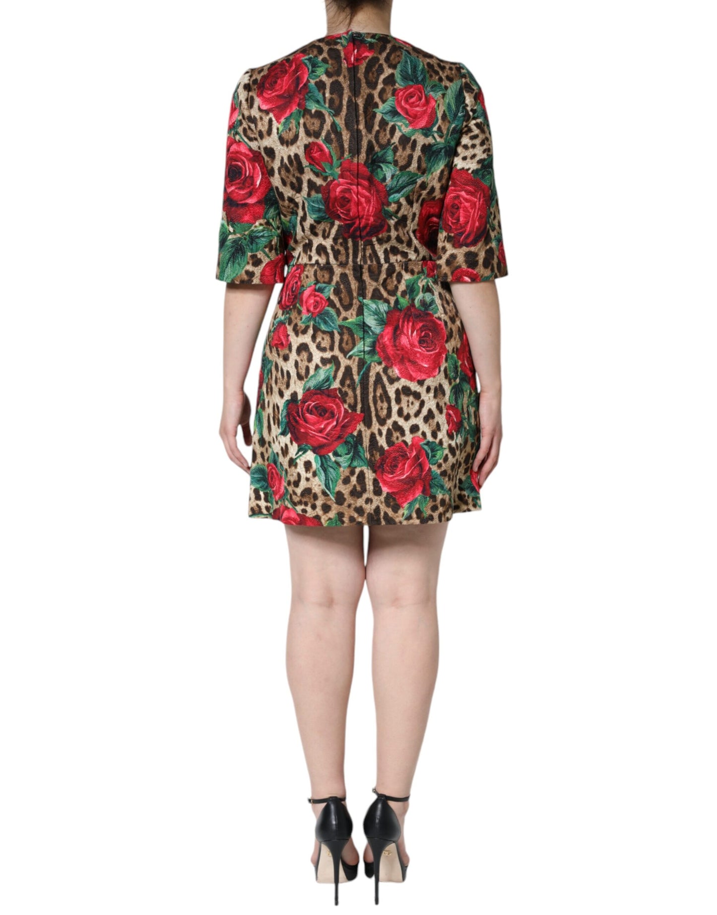 Dolce & Gabbana Brown Leopard Red Roses Cotton A-line Dress