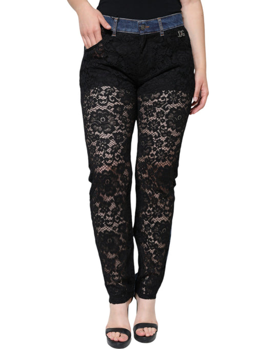 Dolce & Gabbana Black Floral Lace Front Skinny Denim Jeans