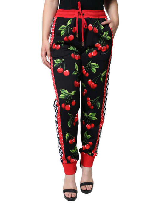 Dolce & Gabbana Black Red Cherry Mid Waist Jogger Pants