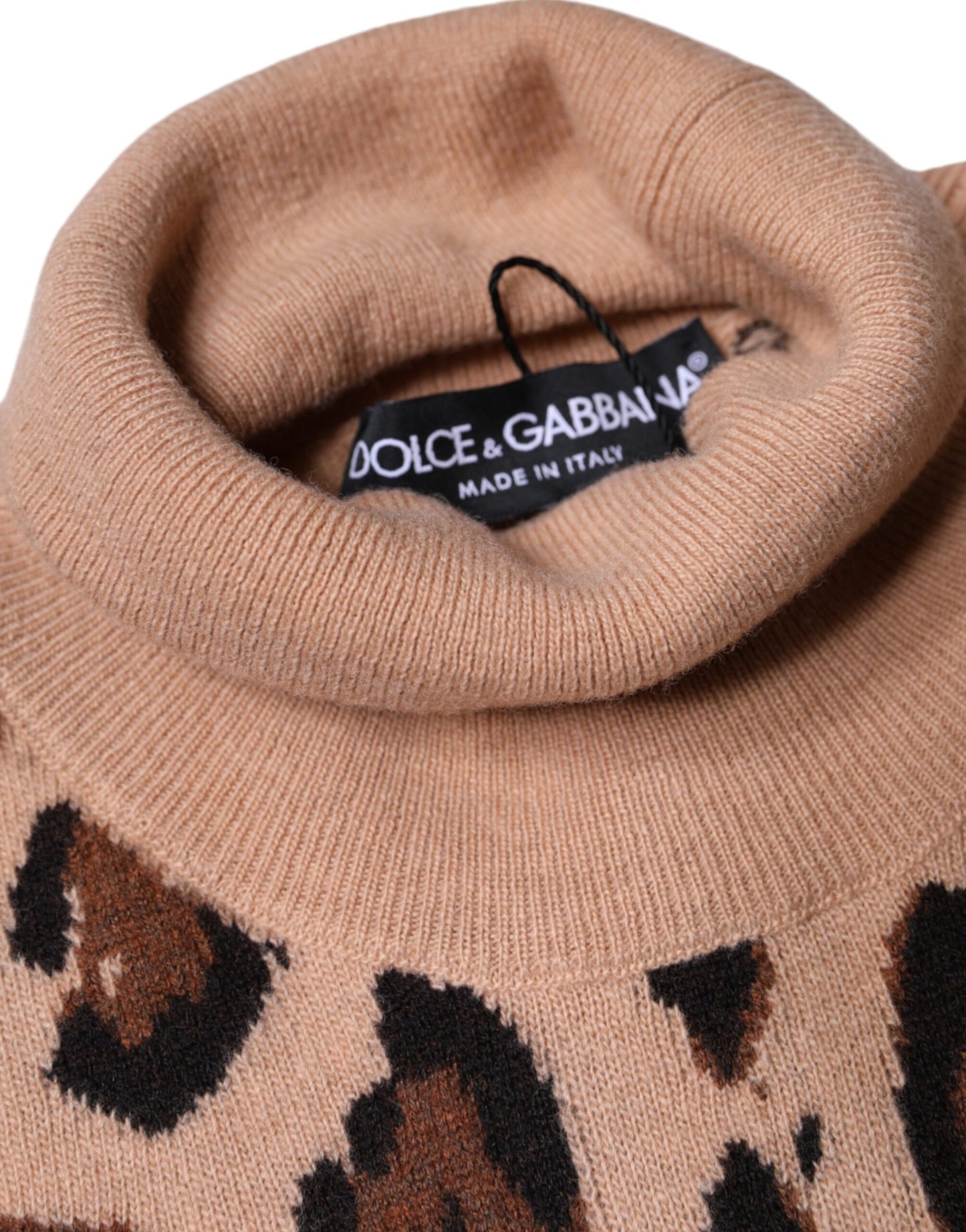 Dolce & Gabbana Beige Leopard Print Wool Turtleneck Top