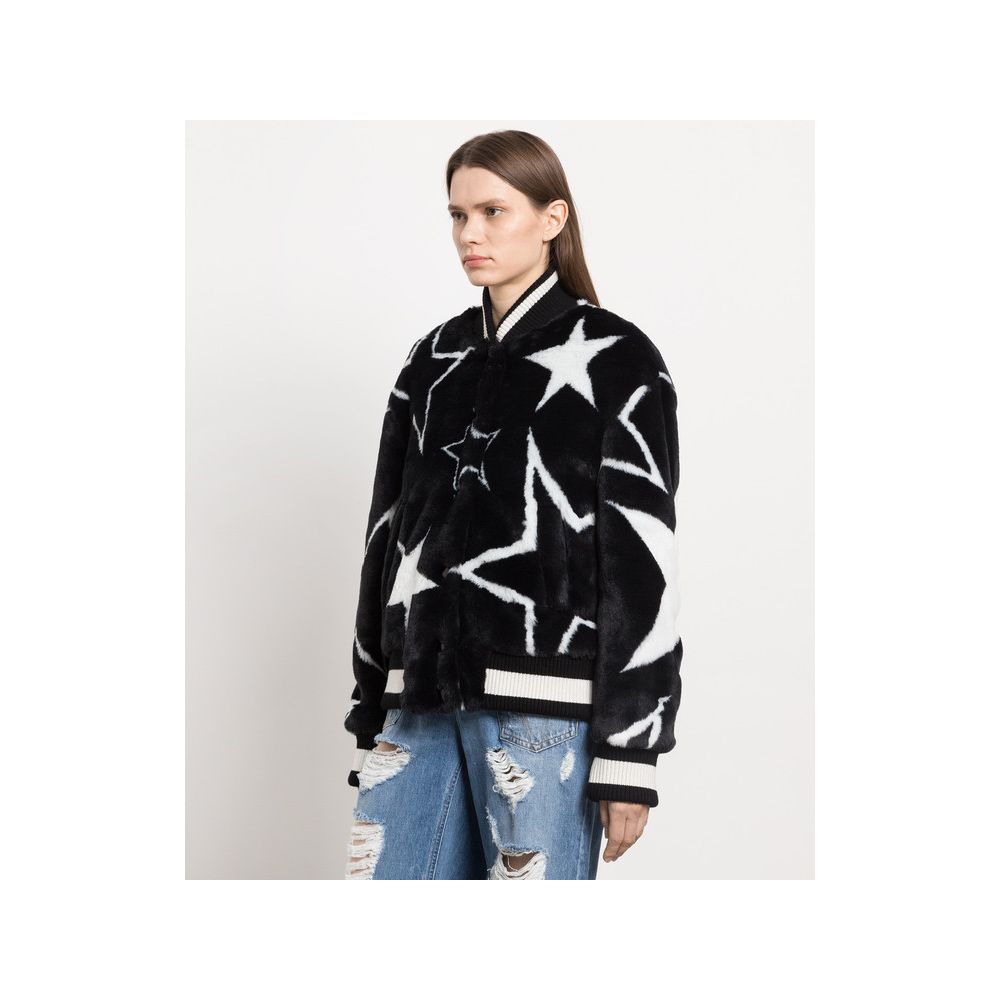 Dolce & Gabbana Black White Stars Faux Fur Bomber Jacket