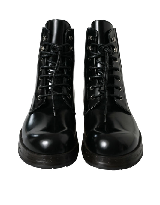 Dolce & Gabbana Black Leather Lace Up Mid Calf Boots Shoes
