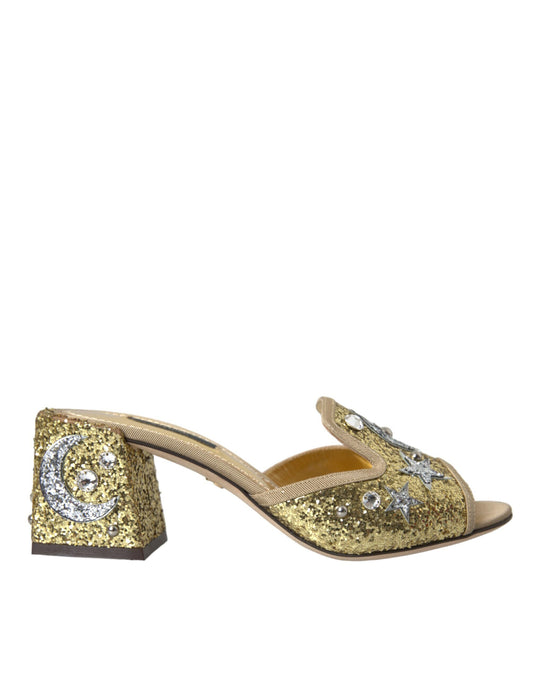 Dolce & Gabbana Gold Sequin Leather Heels Sandals Shoes