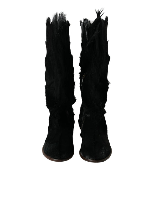 Dolce & Gabbana Black Gazelle Fur Mid Calf Winter Boots Shoes