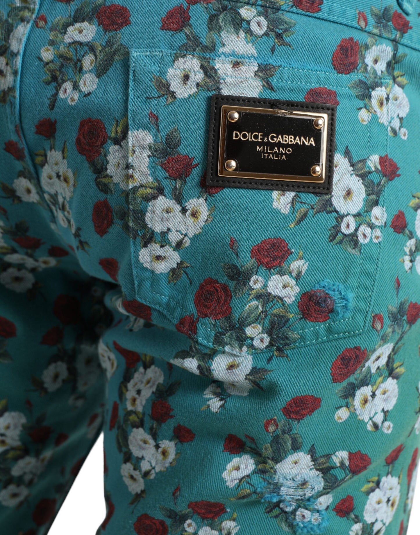 Dolce & Gabbana Blue Floral Print Skinny Cotton Denim Pants