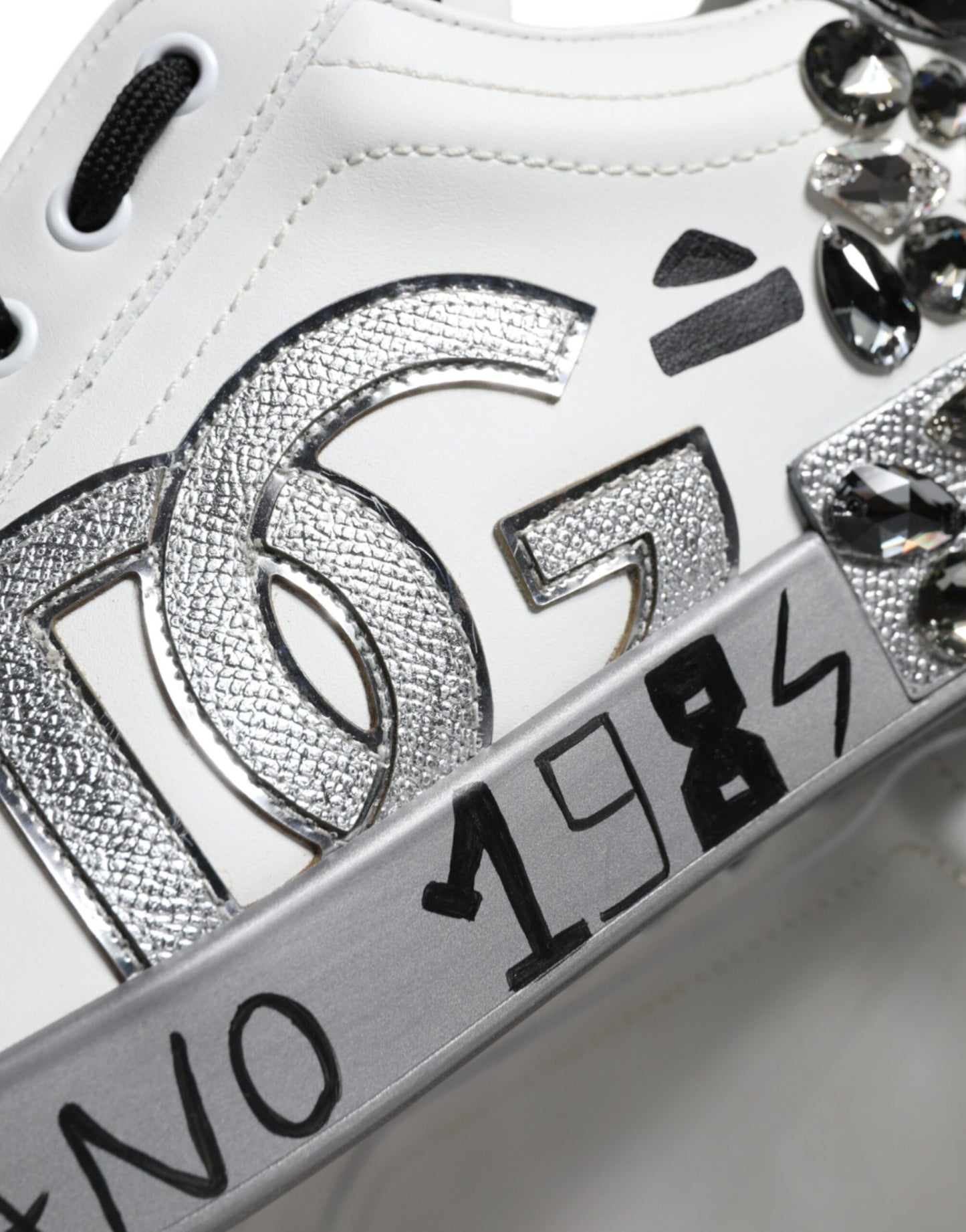 Dolce & Gabbana White Silver Crystal Logo Portofino Sneakers Shoes