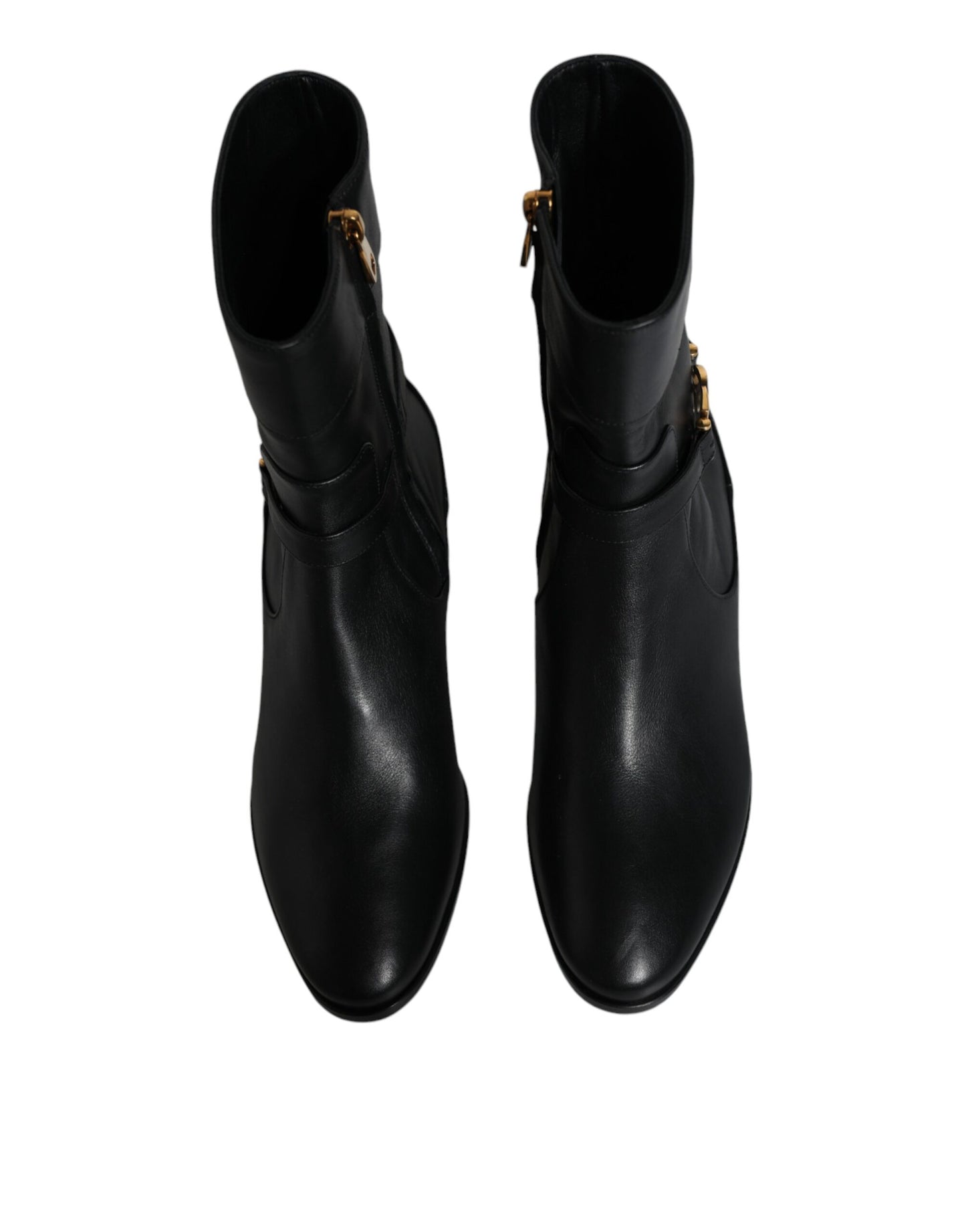 Dolce & Gabbana Black Leather Logo Mid Calf Boots Shoes