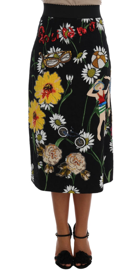 Dolce & Gabbana Black Floral Embellished A-Line Mid-Calf Skirt