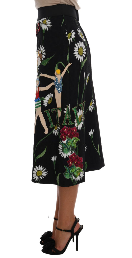 Dolce & Gabbana Black Floral Embellished A-Line Mid-Calf Skirt