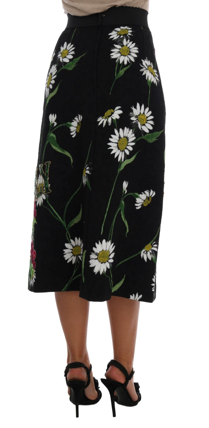 Dolce & Gabbana Black Floral Embellished A-Line Mid-Calf Skirt