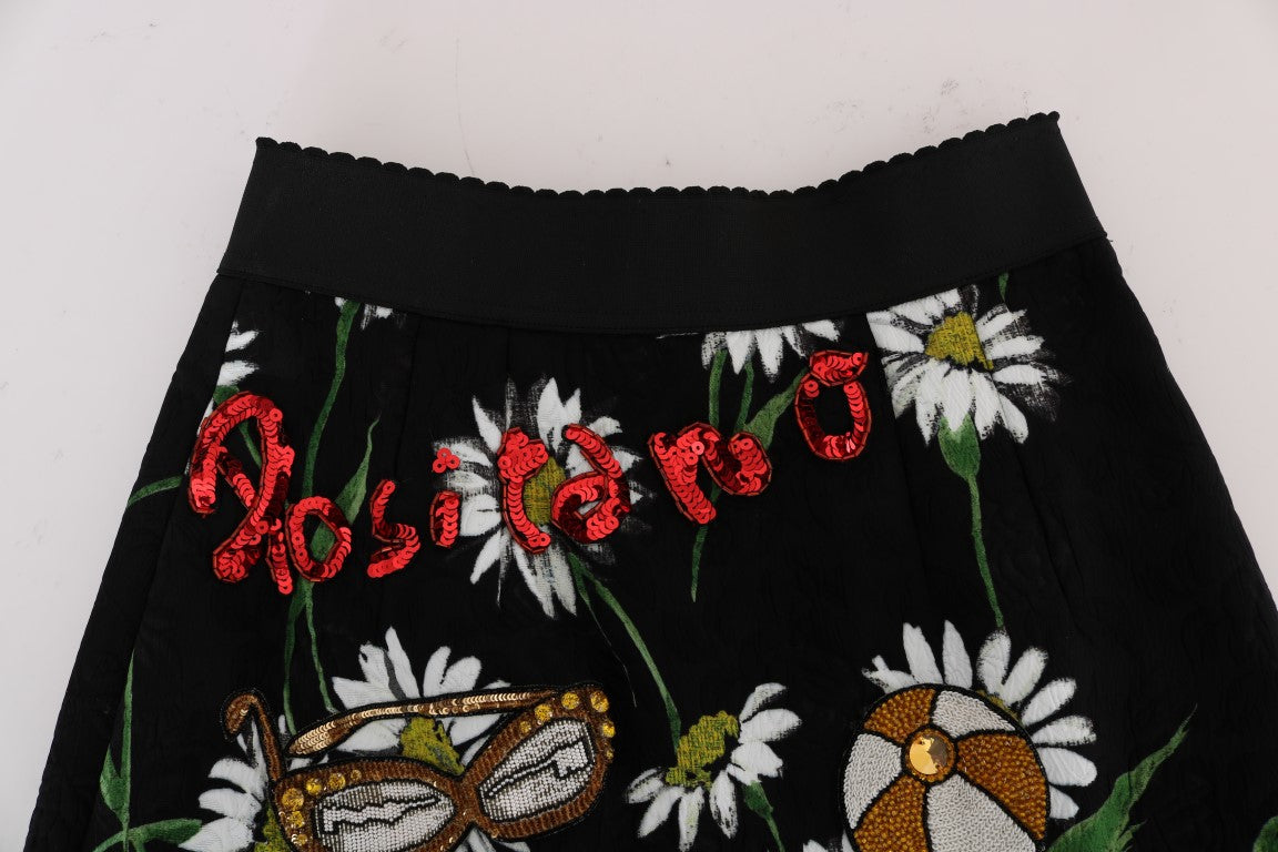 Dolce & Gabbana Black Floral Embellished A-Line Mid-Calf Skirt