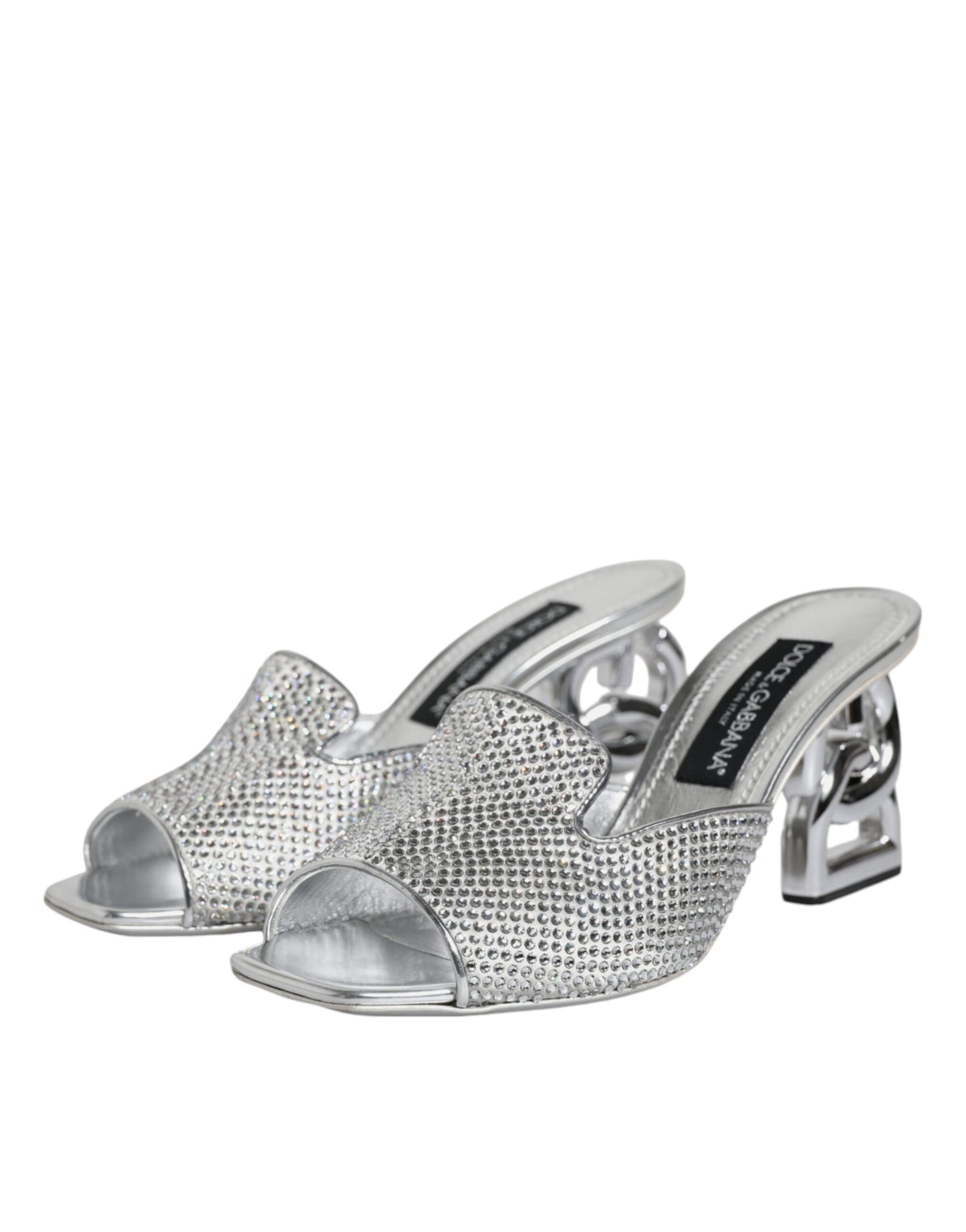 Dolce & Gabbana Silver Viscose Logo Heels Slide Sandals Shoes