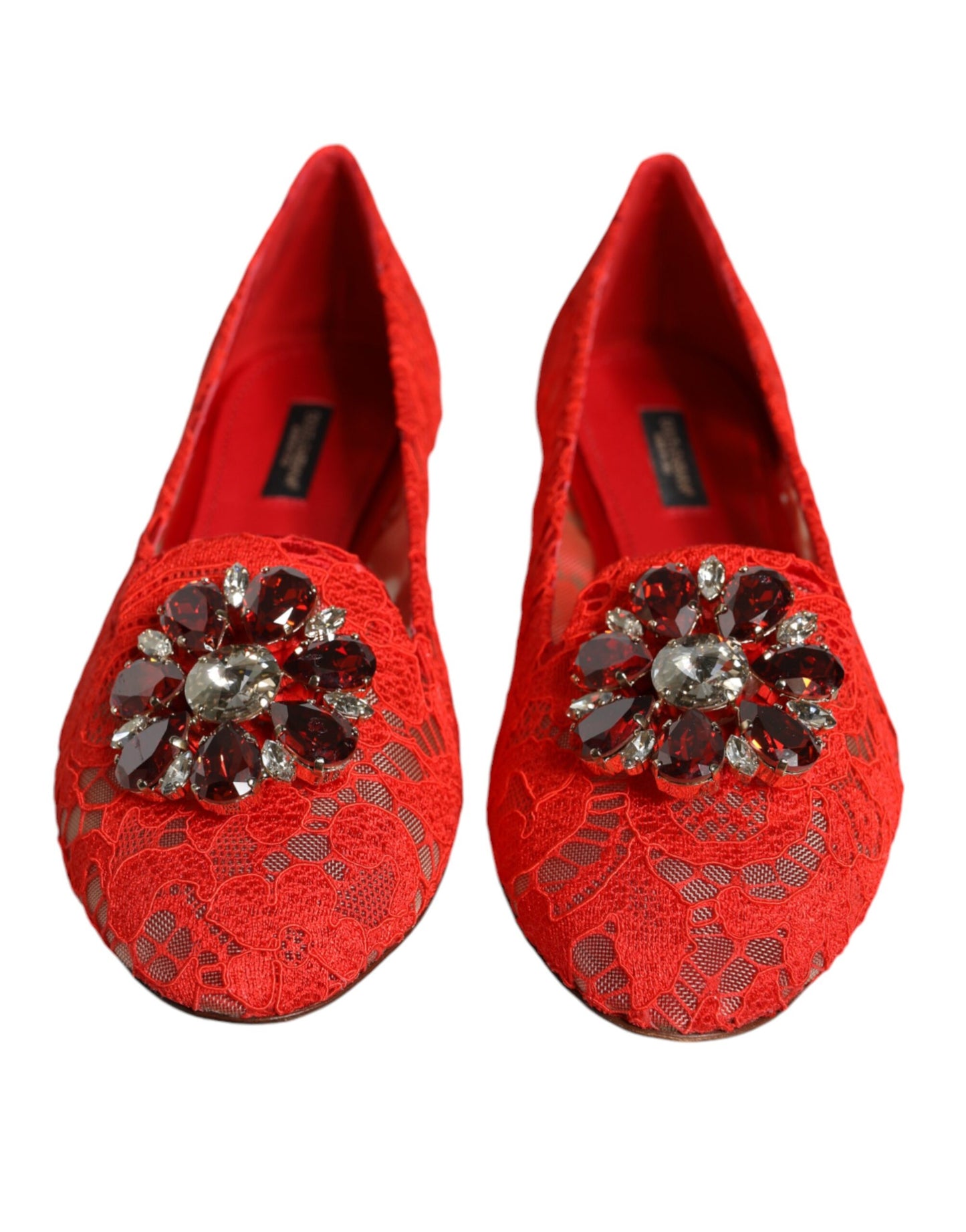 Dolce & Gabbana Red Lace Crystal Ballet Flats Loafers Shoes