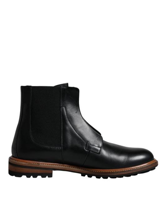 Dolce & Gabbana Black Leather Chelsea Mid Calf Men Boots Shoes