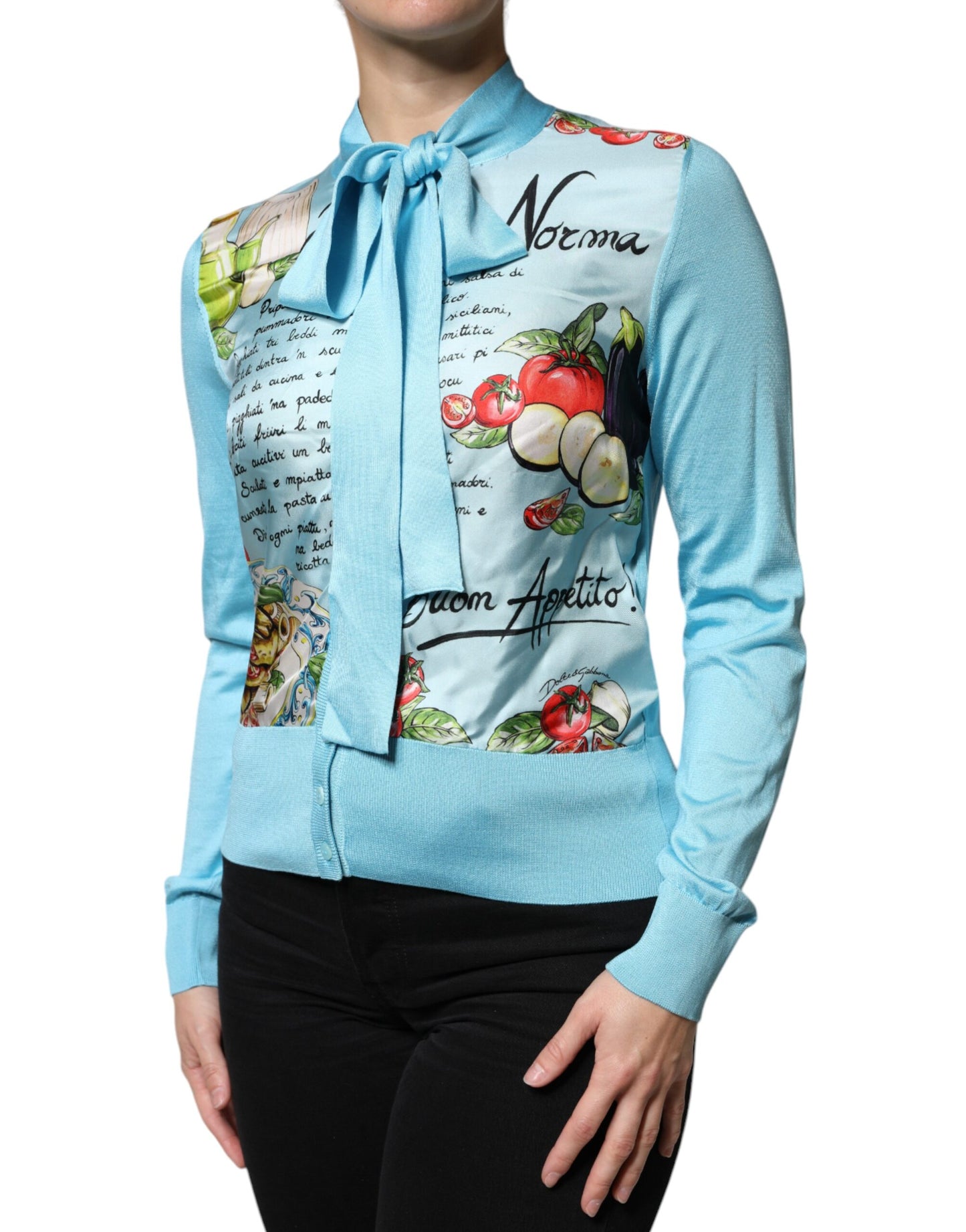 Dolce & Gabbana Blue Pasta Alla Norma Tie Cardigan Sweater