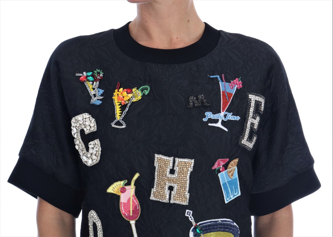 Dolce & Gabbana Black Brocade Cocktail Crystal Sweater