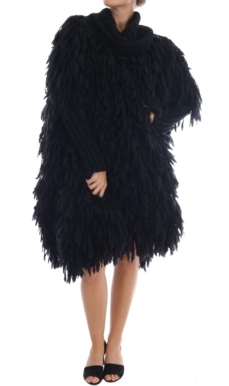 Dolce & Gabbana Black Fringes Wool Pullover Coat Sweater