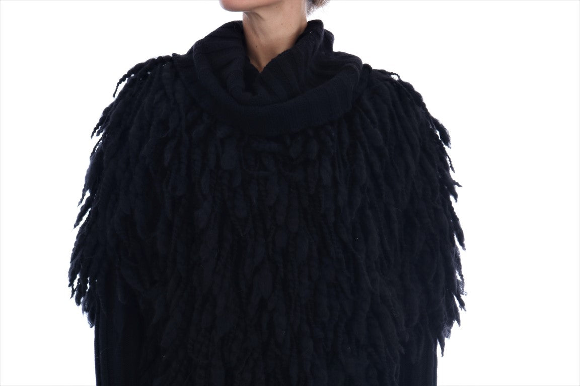 Dolce & Gabbana Black Fringes Wool Pullover Coat Sweater