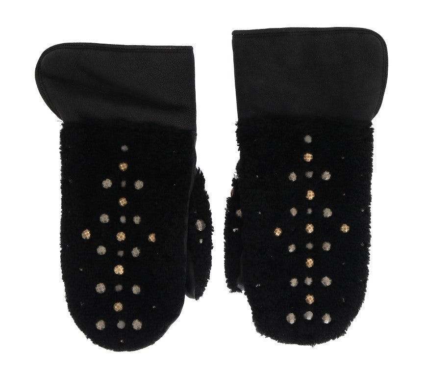 Dolce & Gabbana Black Leather Shearling Studded Gloves