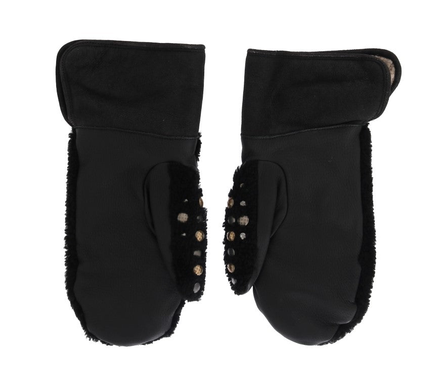 Dolce & Gabbana Black Leather Shearling Studded Gloves