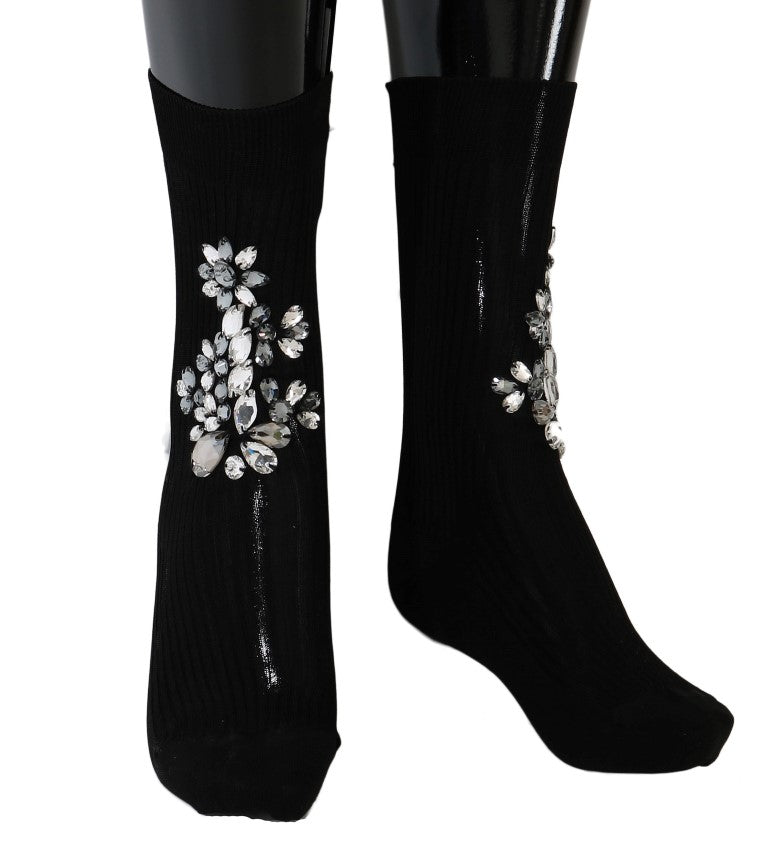 Dolce & Gabbana Black Knitted Mid Calf Crystal Floral Socks