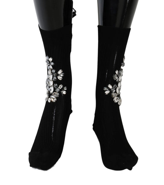 Dolce & Gabbana Black Knitted Mid Calf Crystal Floral Socks