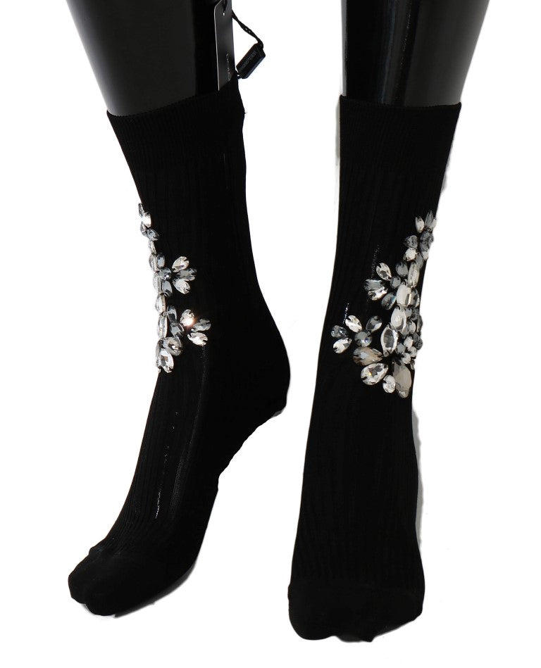 Dolce & Gabbana Black Knitted Mid Calf Crystal Floral Socks