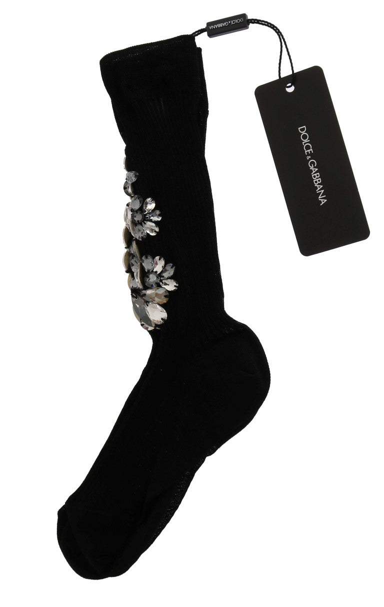 Dolce & Gabbana Black Knitted Mid Calf Crystal Floral Socks