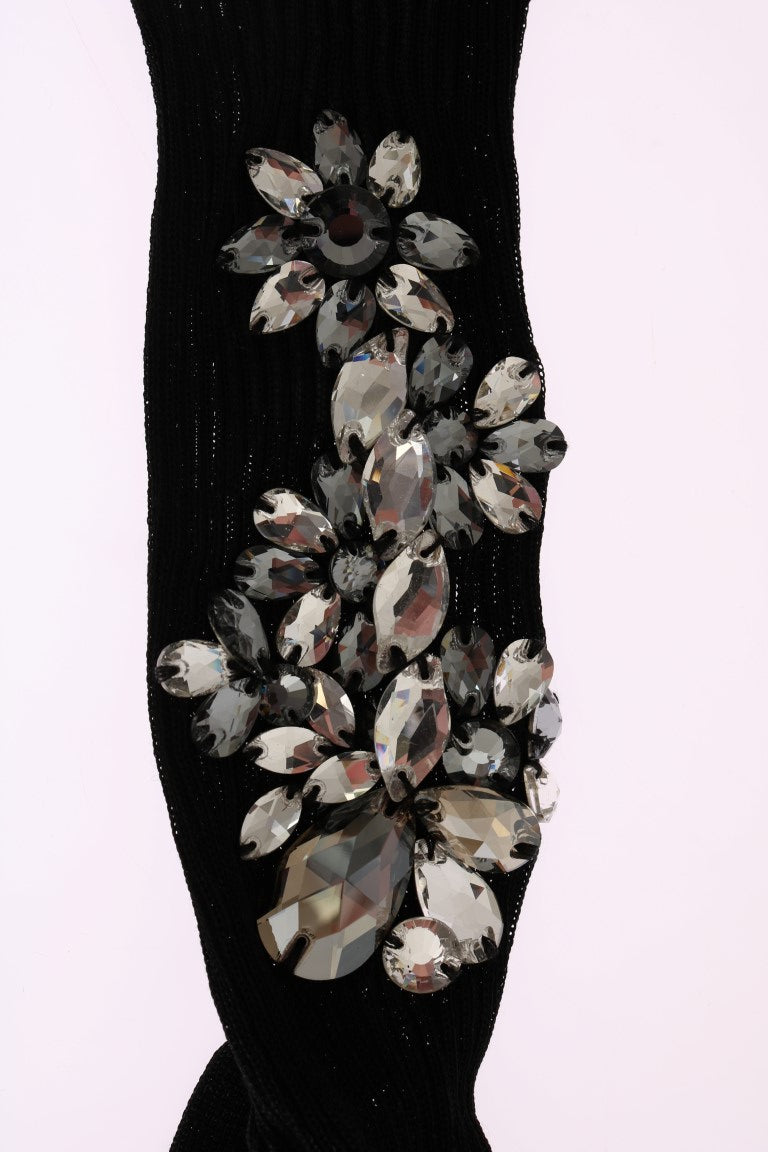 Dolce & Gabbana Black Knitted Mid Calf Crystal Floral Socks