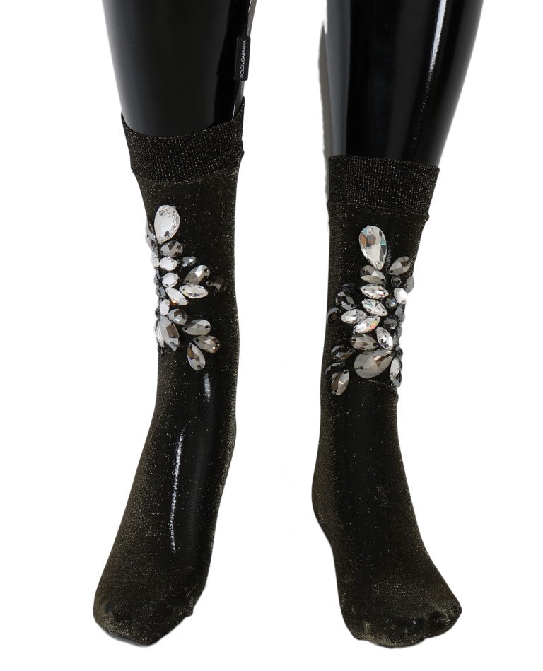 Dolce & Gabbana Black Stretch Floral Clear Crystal Socks