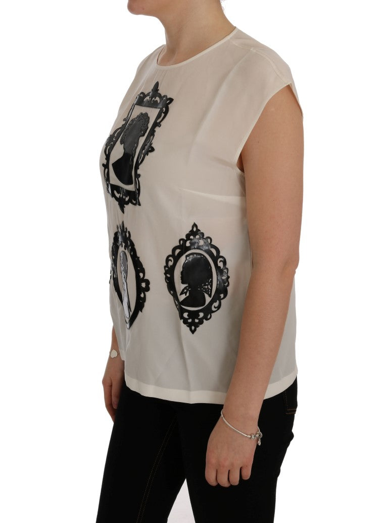 Dolce & Gabbana White Silk Black Frame Blouse