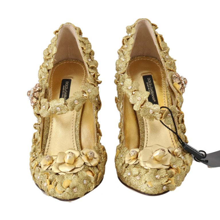 Dolce & Gabbana Gold Floral Crystal Mary Janes Pumps