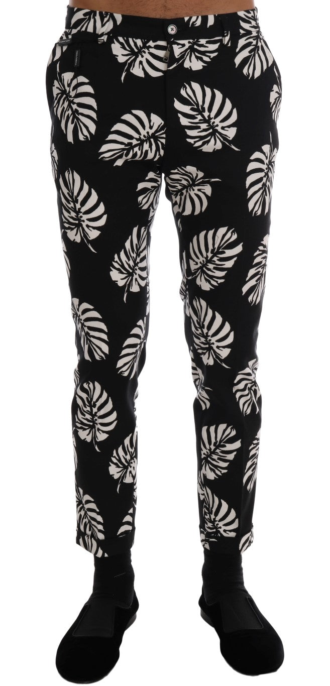 Dolce & Gabbana White Black Leaf Cotton Stretch Slim Pants