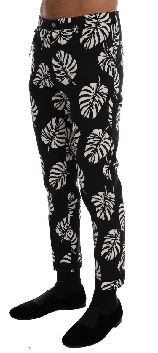 Dolce & Gabbana White Black Leaf Cotton Stretch Slim Pants