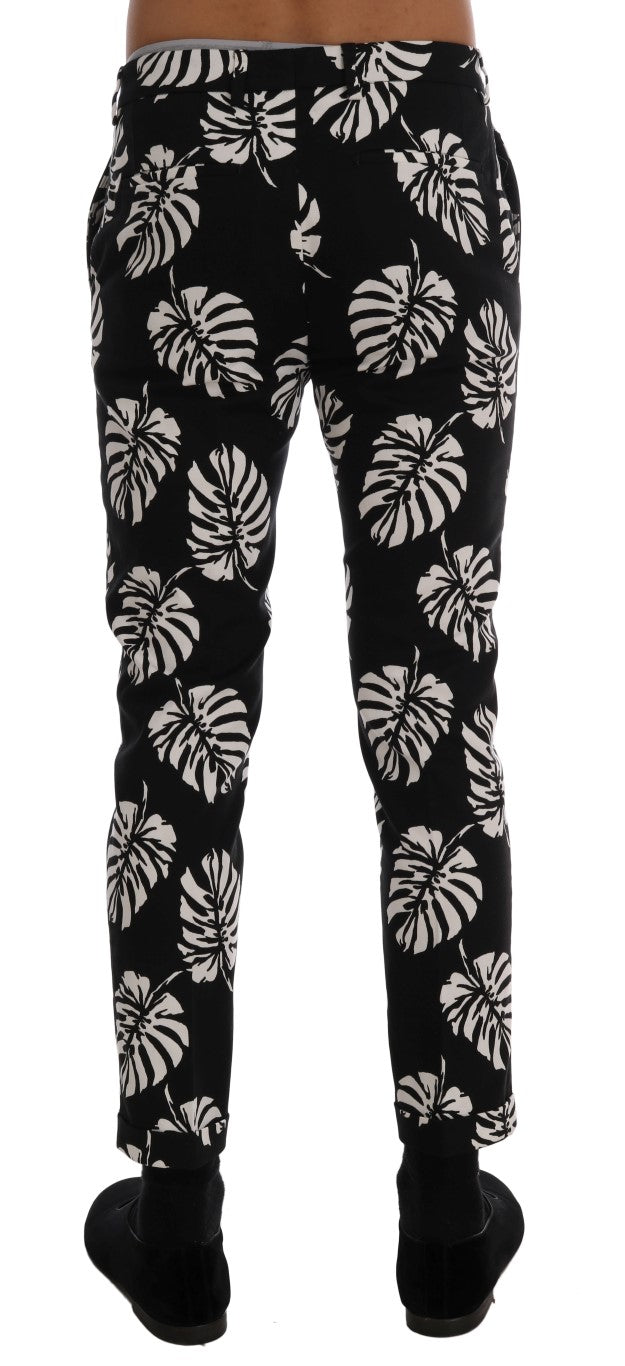 Dolce & Gabbana White Black Leaf Cotton Stretch Slim Pants