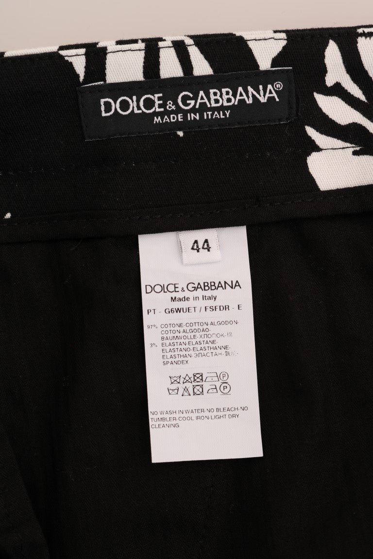 Dolce & Gabbana White Black Leaf Cotton Stretch Slim Pants