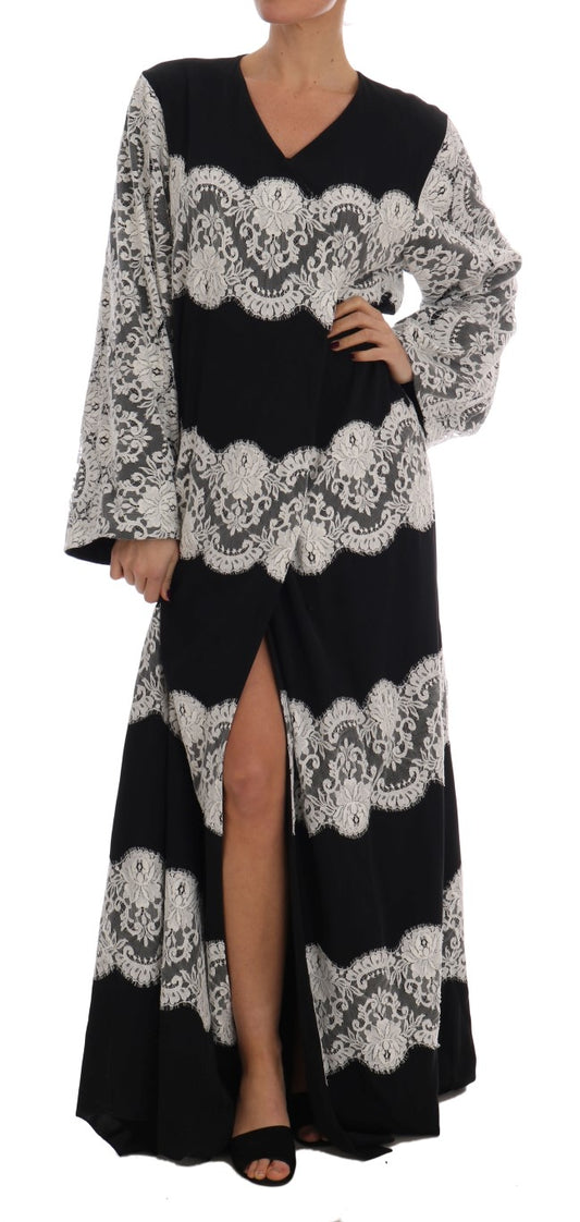 Dolce & Gabbana Elegant Black White Silk Floral Lace Kaftan Maxi Dress