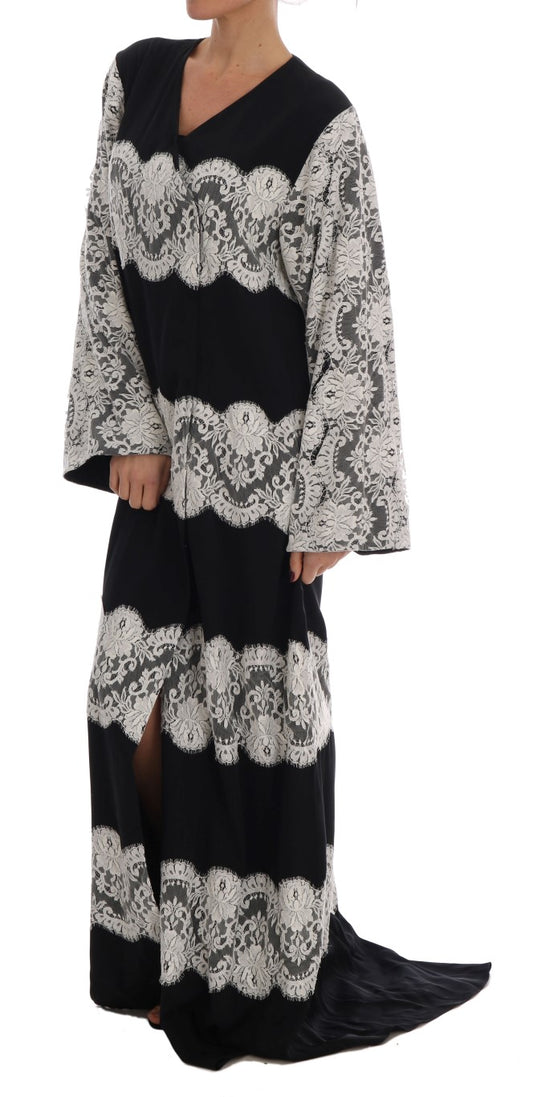 Dolce & Gabbana Elegant Black White Silk Floral Lace Kaftan Maxi Dress