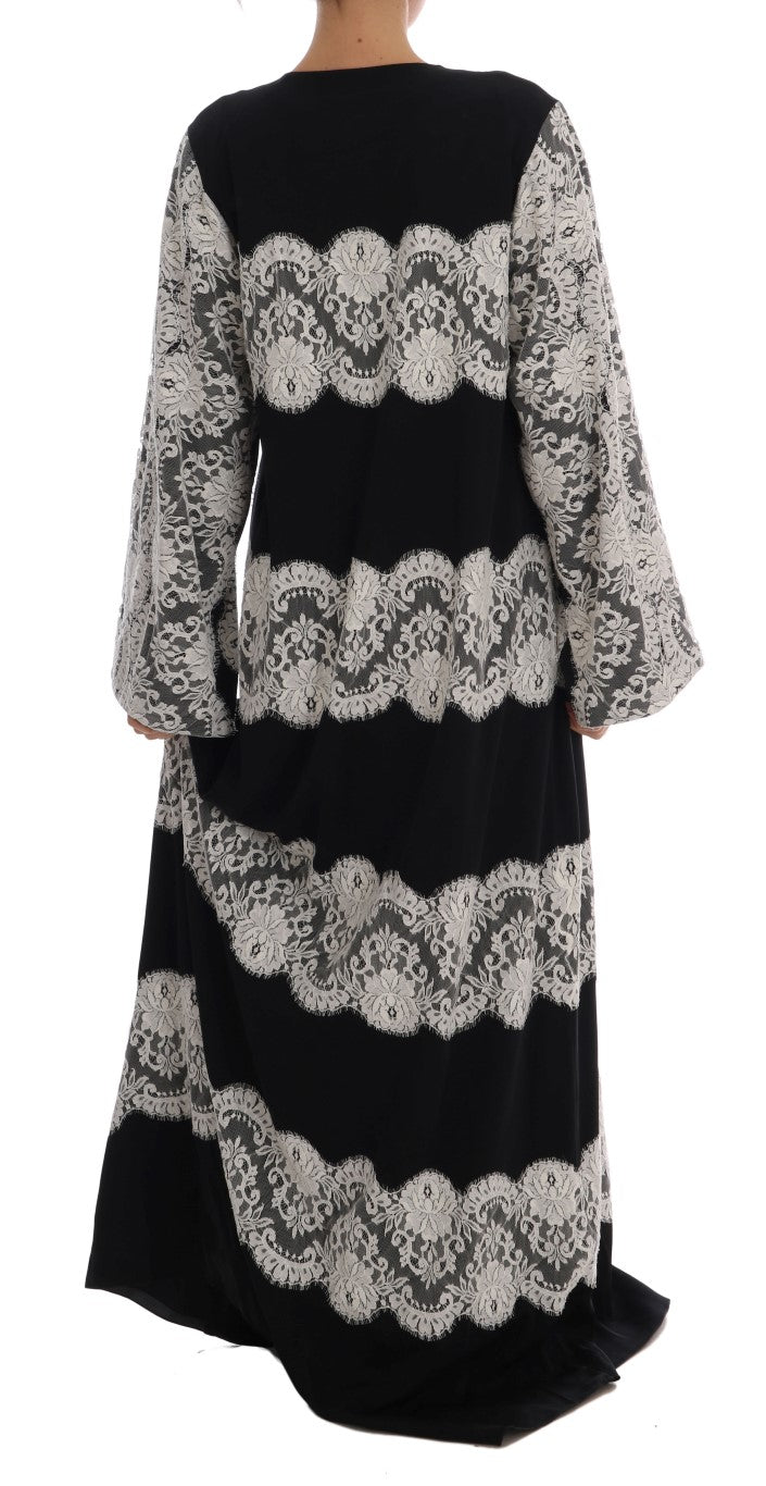 Dolce & Gabbana Elegant Black White Silk Floral Lace Kaftan Maxi Dress