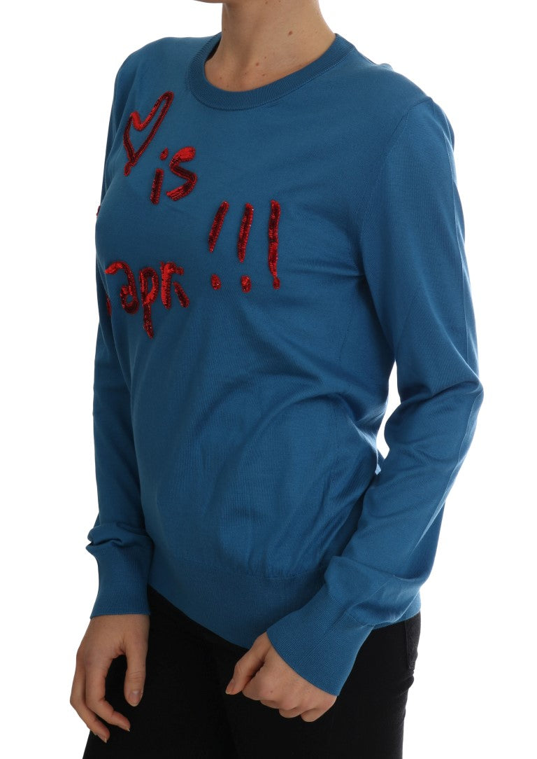 Dolce & Gabbana Blue Silk Love is Pullover Sweater