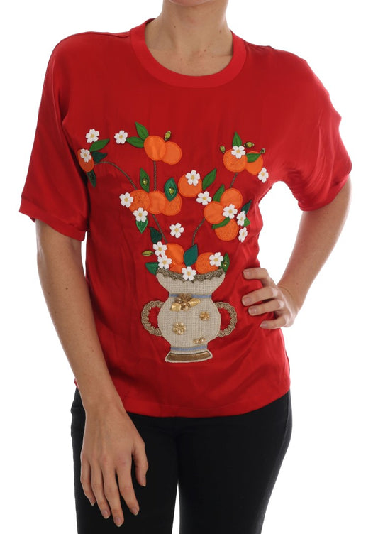 Dolce & Gabbana Red Silk Orange Vase Embroidered Crystals Top