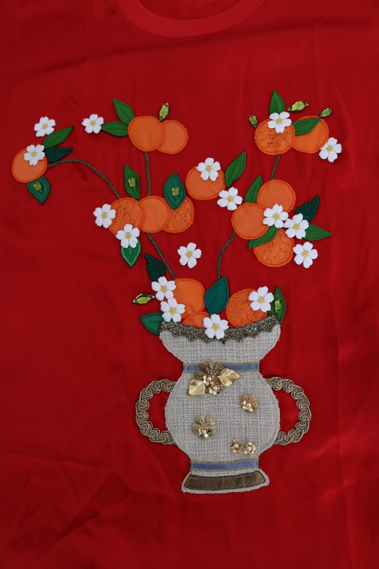 Dolce & Gabbana Red Silk Orange Vase Embroidered Crystals Top