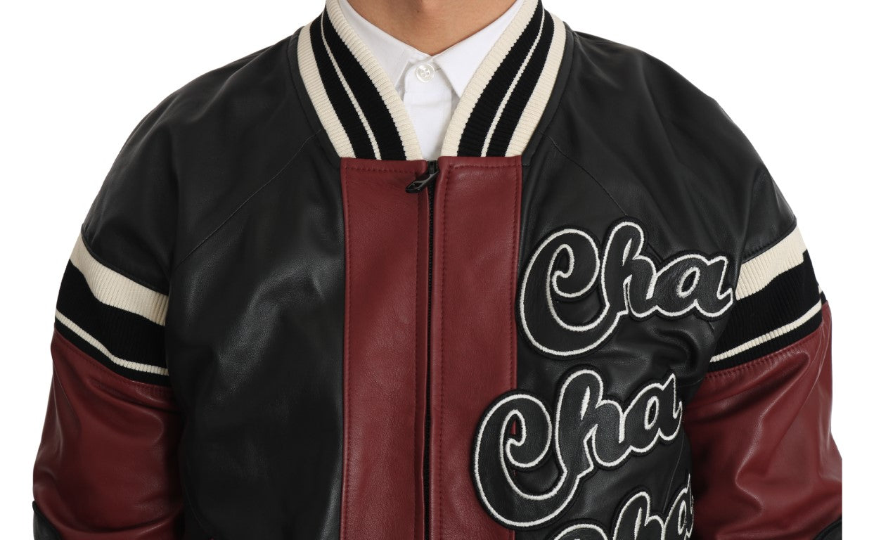 Dolce & Gabbana Black Red Leather Club Lounge Bomber Jacket