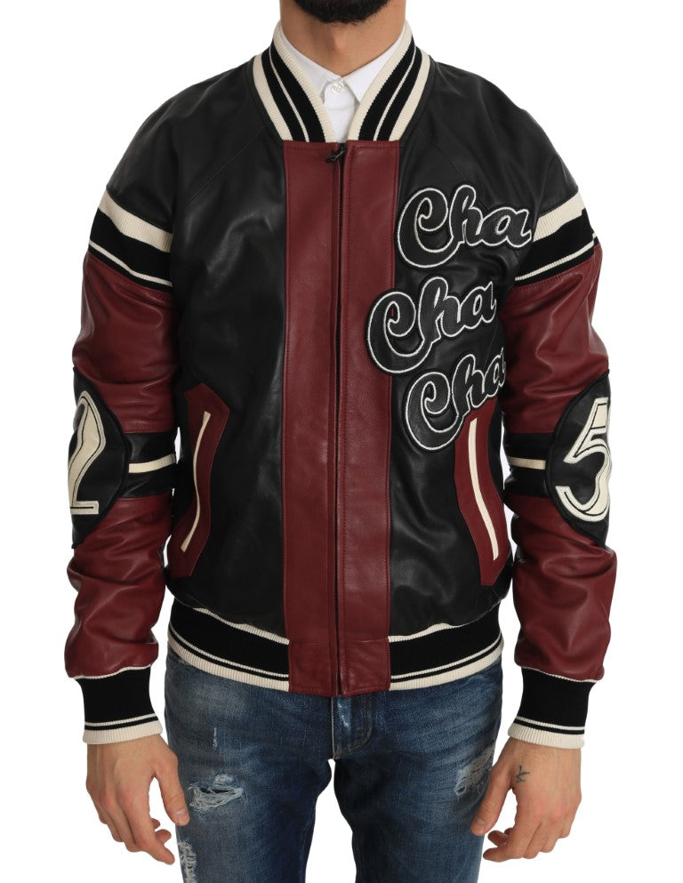 Dolce & Gabbana Black Red Leather Club Lounge Bomber Jacket