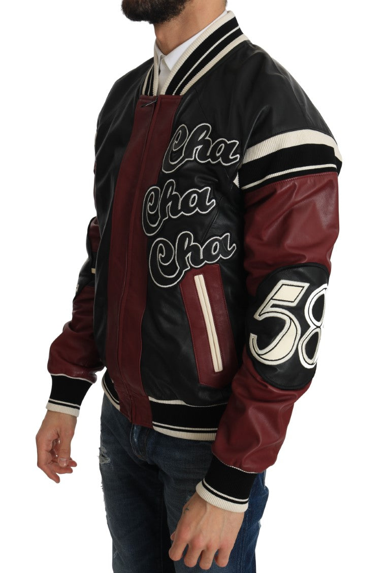 Dolce & Gabbana Black Red Leather Club Lounge Bomber Jacket