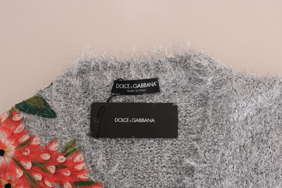 Dolce & Gabbana Silver Cardigan Floral Applique Sweater